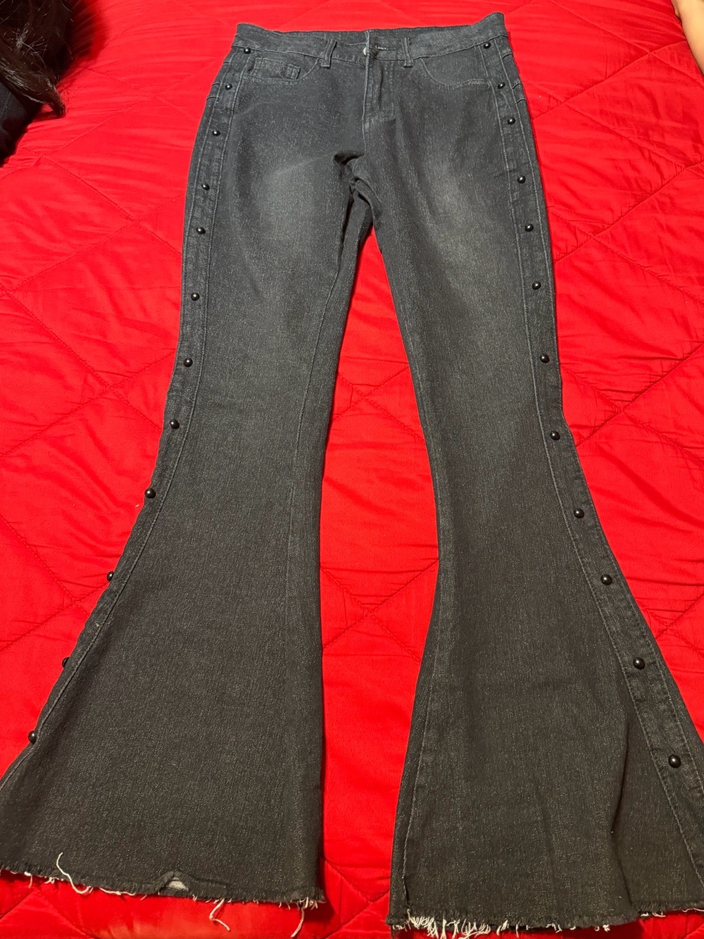 Black Flared Snap-Button Jeans for Women